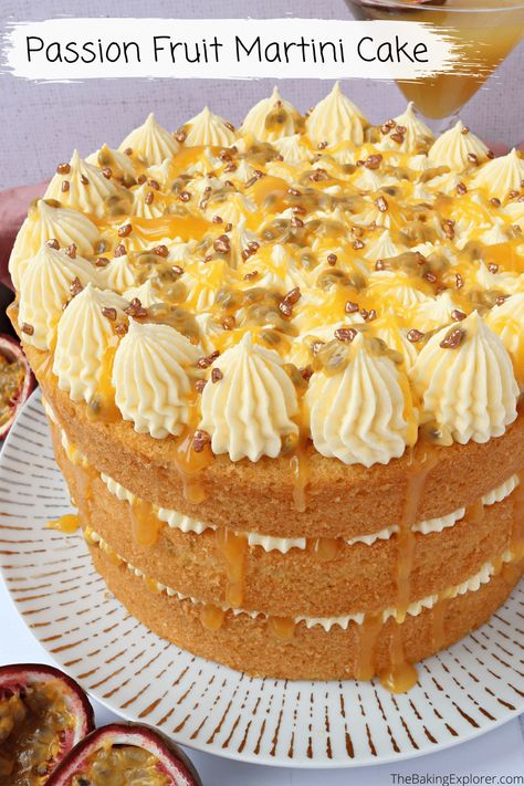 Recipe for a Passion Fruit Martini Cake - a three layer lime and vanilla sponge, with prosecco buttercream and passion fruit curd #thebakingexplorer #passionfruit #cakerecipe #birthdaycake #proseccobuttercream Martini Cake, Passion Fruit Martini, Fruit Martini, Victoria Sandwich Cake, Orange Loaf Cake, Passion Fruit Cake, Passion Fruit Curd, Passionfruit Recipes, One Layer Cakes