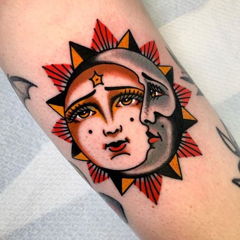 Sun Moon Tattoo Traditional, Woman And Sun Tattoo, Sun And Moon American Traditional Tattoo, Sun And Moon Traditional Tattoo, Sun Traditional Tattoo, American Traditional Moon Tattoo, Sun Tattoo Traditional, Traditional Sun And Moon Tattoo, American Traditional Sun Tattoo