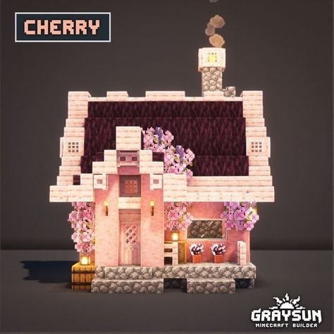 Pink Minecraft Village, Cute House Ideas Minecraft, Cherry Biome Minecraft House, Minecraft Builds Survival, Minecraft Pink Builds, Cherry Blossom Minecraft Ideas, Pink Minecraft Builds, Mc Houses, Fantasy Minecraft