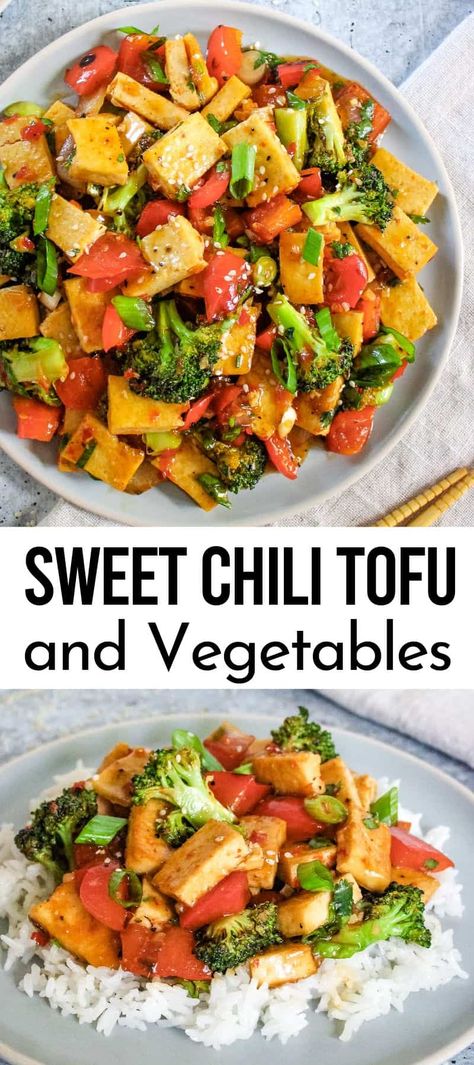 Vegan Tofu Stir Fry, Sweet Chili Tofu, Chili Tofu, Tofu Cubes, Szechuan Sauce, Sweet Chili Sauce Recipe, Tofu Recipes Healthy, Vegan Runner, Vegan Stir Fry