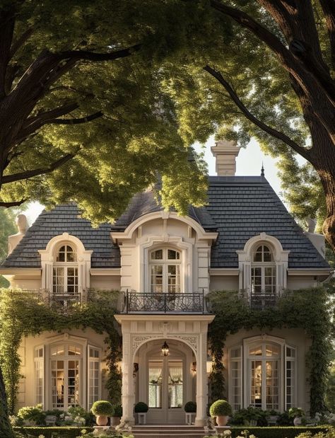 Small Old Money House, My Dream Home Exterior, Pretty Houses Exterior, Home Styles Exterior Types, Old Money House Exterior, Old Money House Aesthetic, French House Exterior, French Colonial House, Decorating Small Kitchen