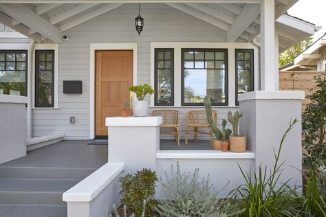 Home Tour: Beach Bungalow Gets A Modern Makeover Social Front Yard, White Porch, California Bungalow, Galley Style Kitchen, Bungalow Homes, Beach Bungalow, Sunset Magazine, Beautiful Farmhouse, Farmhouse Garden