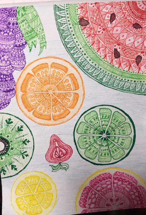 Fruit Mandala Art, Fruity Drawings, Fruit Mandala, Small Flower Drawings, Orange Doodle, Ocean Art Painting, Whimsical Art Journal, Easy Mandala Drawing, Mandala Art Therapy