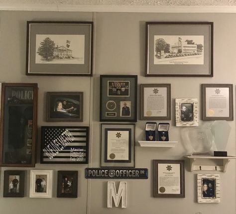 Law Enforcement Home Decor, Law Enforcement Office Ideas, Law Enforcement Office Decor, Police Home Decor, Police Department Office, Wall Decor Arrangements, Police Decor, Mans Office, Golf Room