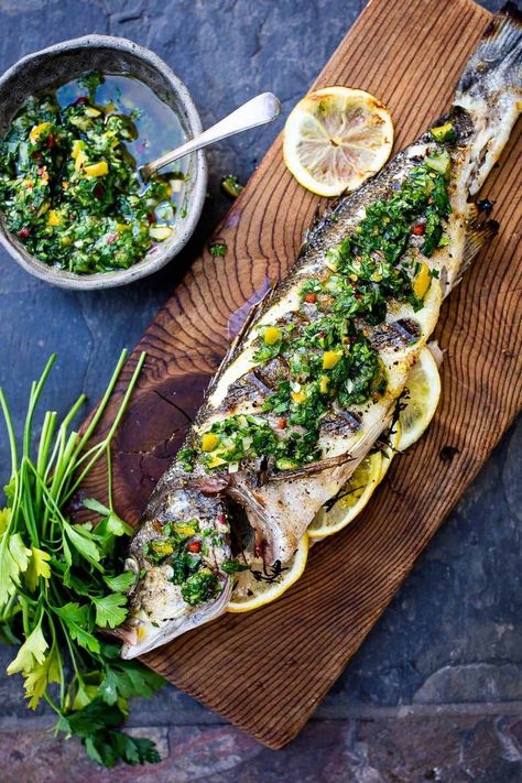 Grilled Branzino! Lemon Gremolata, Branzino Recipe, Whole Fish Recipes, Gremolata Recipe, Mediterranean Dinner, Bbq Fish, Clean Eating Guide, Whole Fish, Preserved Lemon