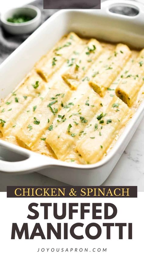 Ricotta Stuffed Manicotti, Chicken And Spinach Manicotti, Chicken Spinach Stuffed, Basil Alfredo Sauce, Meat Manicotti, Creamy Chicken Spinach, Chicken Manicotti, Spinach Manicotti, Manicotti Pasta