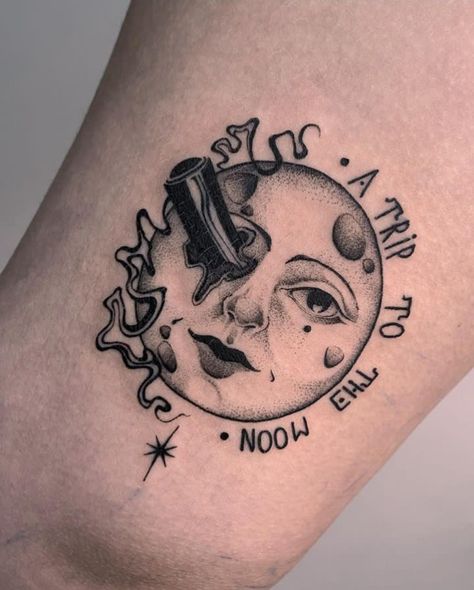 Hugo Cabret Tattoo, To The Moon Tattoo, Moon Face Tattoo, Trippy Tattoo Ideas, Wolf And Moon Tattoo, The Moon Tattoo, A Trip To The Moon, Half Moon Tattoo, Trippy Tattoo