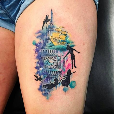 What is a watercolor tattoo and what are the pros and cons of watercolor tattoos? Undoubtedly this style is one of the most spectacular forms of body art. Peter Pan Tattoos, Peter Pan Tattoo, Disney Sleeve Tattoos, Tattoo Disney, Disney Sleeve, Leg Art, Kunst Tattoos, Watercolor Tattoos, Disney Tattoo