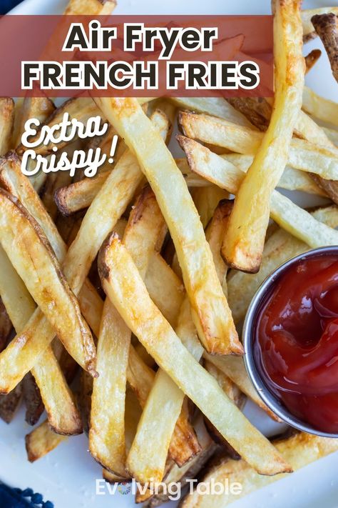 Turn your potatoes into crispy homemade French fries in no time with this easy air fryer recipe! It's easier than baking and tastes as good as deep-frying, but without the unhealthy oils! This vegan, gluten-free, and Whole30-friendly french fries recipe is sure to be a family favorite! Try it today! Air Fry French Fries, Vegan Potatoes, Air Fryer Fries, Air Fry Potatoes, Fresh Cut Fries, Air Fryer French Fries, Homemade Fries, Making French Fries, French Fries Recipe