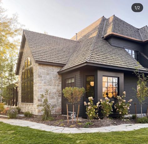 Julia Marcum, Gray House, Exterior Stone, Farmhouse Exterior, Dream House Exterior, Colonial House, House Goals, Exterior House Colors, House Inspo