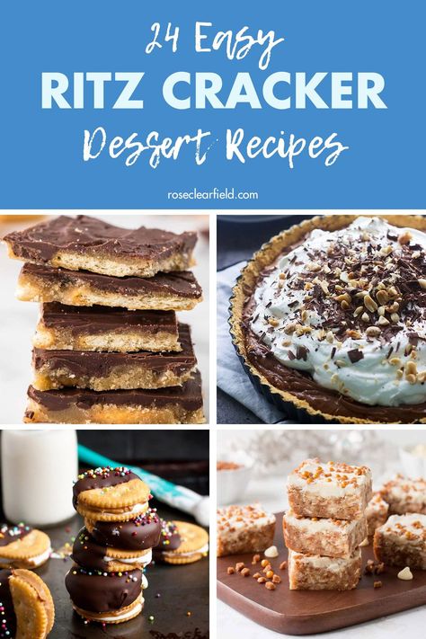 A round-up of 24 dessert recipes featuring Ritz crackers! There are lots of classic no-bake chocolate peanut butter treats as well as recipes for cookies, bars, cakes, pies, cheesecake, and ice cream sandwiches. The perfect easy sweet and salty desserts! #desserts #easydesserts #dessertrecipes #Ritzcrackers Ritz Cracker Recipes Snacks, Ritz Cracker Candy, Ritz Cracker Dessert, Peanut Butter Treats, Cracker Dessert, Salty Desserts, Ritz Cracker Recipes, Peanut Butter Crackers, Easy Dessert Recipes Christmas