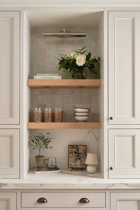 zellige, marble, white oak, galley kitchen shelf styling White Oak Kitchen Shelves, Small Floating Shelves Kitchen, Oak Galley Kitchen, Open Shelving In The Kitchen Styling, White Kitchen Floating Shelves, Kitchen Configuration, Kitchen Expansion, Kitchen Shelf Styling, Kitchen Floating Shelves