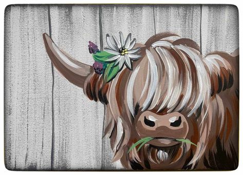 Highland Cow Painting Easy, Highland Cow Painting, Highland Cow Canvas, Christmas Canvas Art, Paint Nite, Cow Canvas, Painting Easy, Cow Painting, Rock Ideas