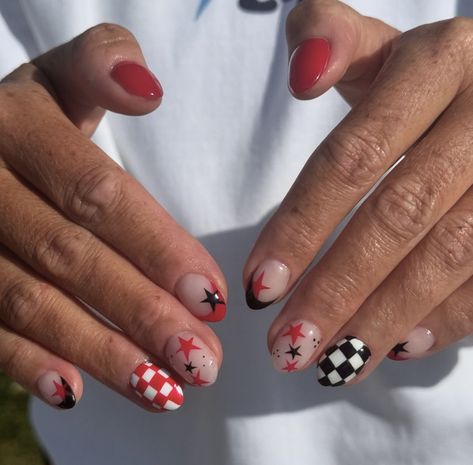 Red Checker Nails, Red And Black Checkered Nails, Red Gingham Nails, Black White And Red Nails, Black Red And White Nails, Flame And Checkered Nails, Red And Black Geometric Nails, Red White And Blue Checkered Nails, Red Black And White Nails