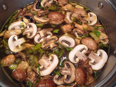 A deeply colored and richly flavored Rich Mushroom Stock. Foundational for Caramelized Onion/Fennel and Mushroom Soup and all mushroom soups, sauces, stews, etc. Italian Sides, Pinto Bean Soup, Toasted Quinoa, Mushroom Stock, Pinto Bean, Stock Recipes, Mushroom Broth, Sea Bream, Ways To Eat Healthy