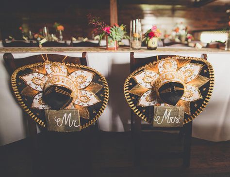 Mr. & Mrs. sombrero chairs - photo by NBarrett Photography Charro Wedding, Hispanic Wedding, Mexican Theme Wedding, Mexican Inspired Wedding, Mexican Themed Weddings, Hacienda Wedding, Fiesta Wedding, Spanish Wedding, Boda Mexicana