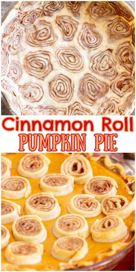 A stunning cinnamon-swirled pie crust on the bottom, and coils of cinnamon-sugar-rippled pie crust on top! Cinnamon Roll Pumpkin Pie, Pumpkin Pie With Cinnamon Roll Crust, Cinnamon Roll Pie Crust, Cinnamon Roll Crust, Cinnamon Roll Apple Pie, Cinnamon Roll Cheesecake, Cinnamon Roll Bake, Pie Filling Recipes, No Bake Pumpkin Pie