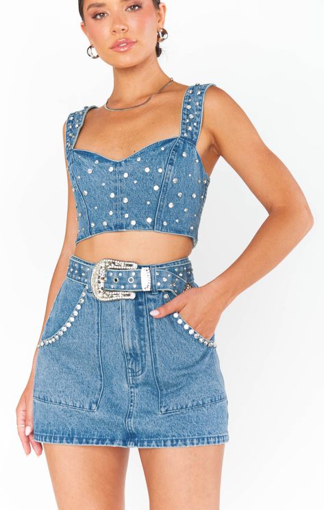 Shania Top ~ Indigo Rhinestone Denim Rhinestone Denim, Denim And Diamonds, Nye Outfits, Glitz And Glamour, Denim Crop Top, Show Me Your Mumu, Denim Jumpsuit, Adjustable Belt, Show Me Your