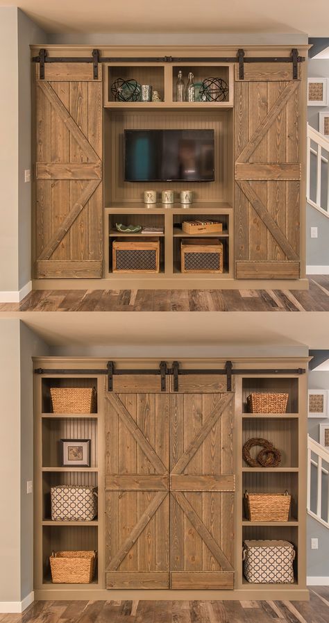 Visit our showroom in Stoney Creek to see a beautiful piece similar to this from Magnussen Home Furnishings! We feature a barn door entertainment unit in a charcoal finish on our floor. Barn Door Projects, Basement Makeover, Interior Barn Doors, Barn Doors Sliding, Country Home Decor, Barn Doors, Entertainment Center, Rustic Home Decor, Barn Door