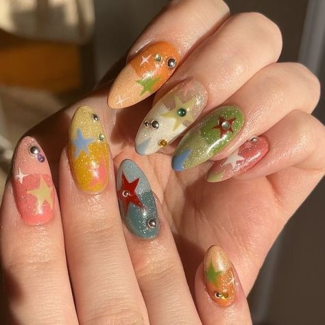 Korean Nails Kawaii, Eclectic Nail Designs, Vegetable Nails, Colorful Star Nails, 60s Nail Art, Short Maximalist Nails, Whimsigoth Nails, Funky Nail Ideas, Eclectic Nails