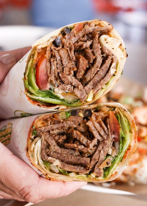 Beef Kebab Wrap was quite the filling dish, stuffed with crisp lettuce, freshly-sliced tomatoes, olives and slices of beef. Kebab Turki Aesthetic, Beef Kebab, Kebab Wrap, Savoury Meals, Beef Ideas, Turkish Kebab, Steak Wraps, Döner Kebab, Beef Kebabs