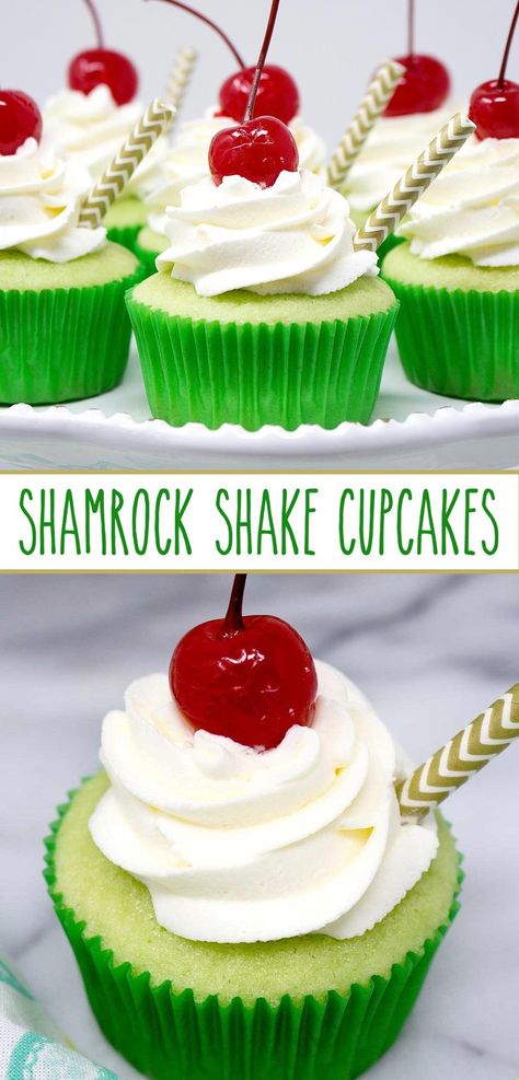 Shamrock Shake Cupcakes - a minty cupcake with homemade whipped cream and a maraschino cherry on top. It's your absolute favorite ice cream drink, Shamrock Shakes, stuffed into a cupcake and it's delicious!! via @SarahsBakeStudio #shamrockshake #shamrockshakecupcakes #cupcakes #homemadewhippedcream #mint #greencupcakes #mintcupcakes #maraschinocherries #stpatricksday #stpatricksdaycupcakes Shamrock Shake Cupcakes, Shamrock Cupcakes, Shamrock Shakes, Cup Of Cake, Green Desserts, Ice Cream Drinks, Shamrock Shake, Gateaux Cake, Homemade Whipped Cream