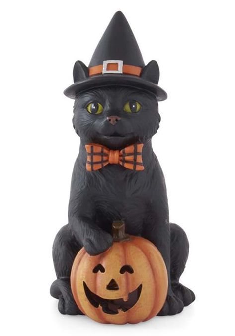 7.5-Inch Black Cat with Witch Hat & LED Jack O Lantern ... Black Cat Halloween Decorations, Halloween Cat Drawing, Cat Drawing Black, Drawing Black Cat, Black Cat With Witch Hat, Black Cat Pfp, Cat Halloween Decor, Cat With Witch Hat, Jack O Lantern Decorations