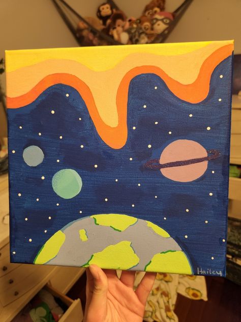 Space Painting Easy Step By Step, Lukisan Simple Aesthetic, Kanvas Lukis Simple, Cute Things To Paint On Canvas, Ideas Para Pintar Cuadros Aesthetic, Small Canvas Art Ideas, Ideas Para Pintar Cuadros, Aesthetics Painting, Cute Easy Paintings