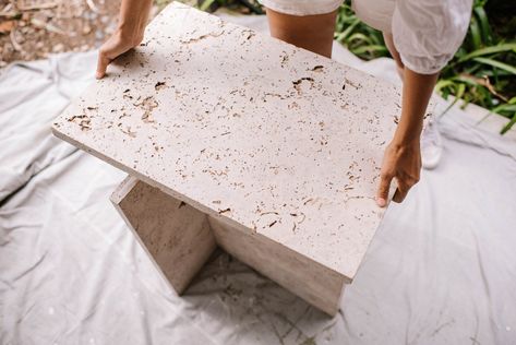 Four DIYs Using Travertine Pavers (& watch the video!) Travertine End Table, Travertine Side Table Diy, Travertine Tables, Bedside Ideas, Homemade Coffee Tables, Travertine Side Table, Outdoor Patio Pavers, Pavers Diy, Travertine Outdoor