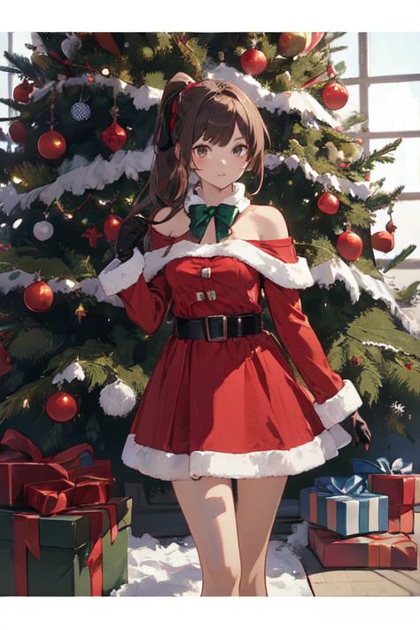 Lots Of Presents, Fur Belt, Dress Fur, Santa Dress, Red Gloves, Green And Red, Red Bow, Anime Style, Brown Hair