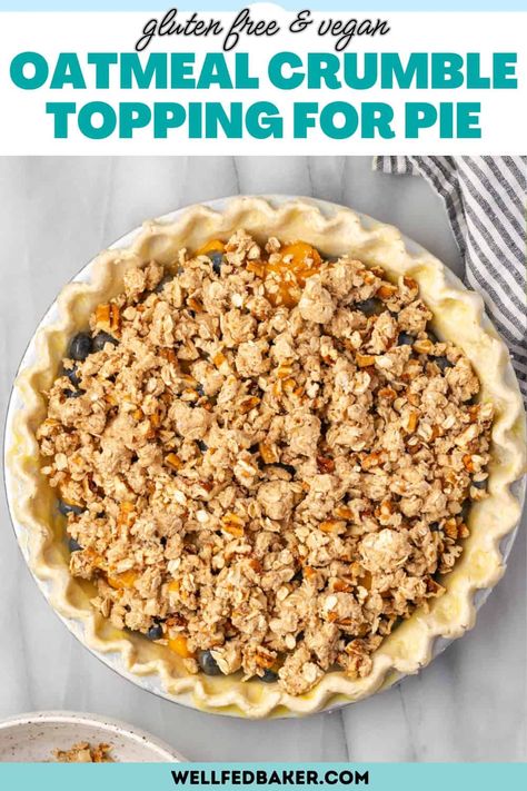 This easy oatmeal crumble topping will be the perfect addition to your favorite fruit pie recipe! Use this to replace the top crust in your favorite pie recipe. It's filled with oats, nuts and brown sugar and makes a delightful addition to any pie! Crumble Topping For Pie, Pie Crumble Topping Recipe, Oat Crumble Topping Recipe, Oat Pie Crust, Nut Pie Crust Recipe, Pecan Pie Crust Recipe, Nut Pie Crust, Oat Pie, Oatmeal Pie Recipe