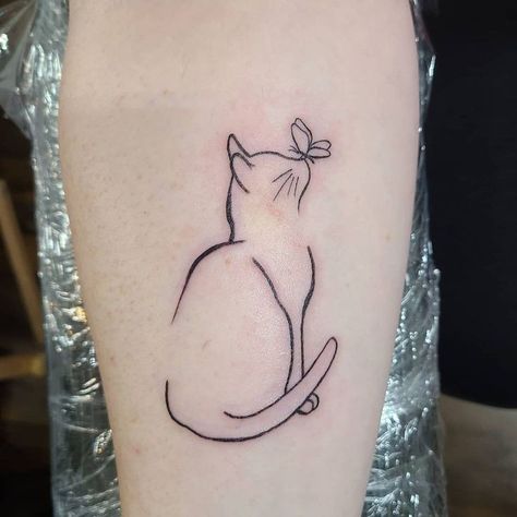 Fine Line Kitty Tattoo, Two Cats Tattoo Ideas, Cat Tattoo Butterfly, Cute Kitty Tattoo, Cat With Butterfly On Nose Tattoo, Cat Sitting Tattoo, Cat With Butterfly Tattoo, Fine Line Cat Tattoo With Flowers, Fine Line Cat Tattoos