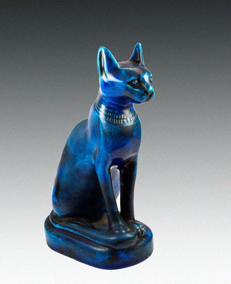 Sadigh Gallery's Ancient Egyptian Faience Cat  Blue faience cat seated on a base and wearing a collar, from the 26th Dynasty. Sacred animl to the sun God Ra and Bastet. Ancient Egyptian Artifacts, Egiptul Antic, Egyptian Cats, Cat Seat, Egyptian Cat, Egyptian Artifacts, Egypt Art, Egyptian History, Ancient Egyptian Art