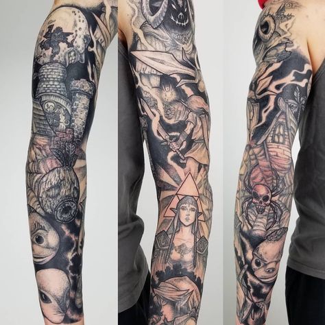 Legend Of Zelda Back Tattoo, Zelda Sleeve Tattoo, Zelda Tattoo Sleeve, Zelda Sleeve, Japanese Tattoos For Men, Temple Tattoo, Zelda Tattoo, Video Game Tattoo, Tattoo Inspiration Men