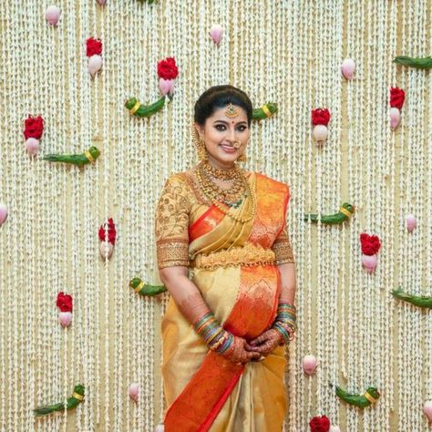 Baby Shower Stage Decorations Indian, Baby Shower Backdrop Ideas Indian, Hairstyle For Baby Shower Function, Sreemantham Decoration At Home, Baby Shower At Home Set Up, Seemantha Decoration, Baby Shower Stage Decorations, South Indian Wedding Decorations, Sreemantham Decoration