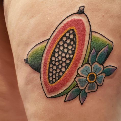 Papaya Tattoo, Fl Tattoo, Papaya Flower, Fruit Tattoo, Second Wedding Anniversary, Old School Tattoo, Body Mods, Orlando Fl, Traditional Tattoo