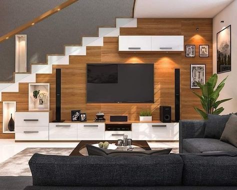 Led Panel Under Stairs, Tv Cabinet Under Stairs Ideas, Tv Unit Under Staircase Living Rooms, Staircase Cabinet Design, Under Stairs Tv Unit, Staircase Cabinet, Under Staircase Ideas, Living Room Under Stairs, टीवी यूनिट