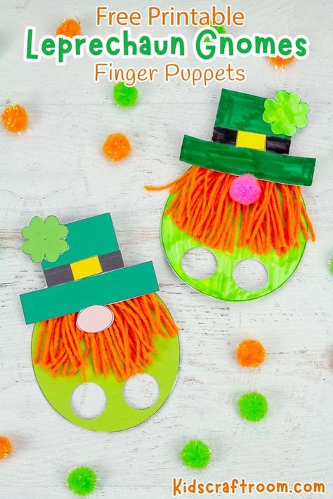 These cute St Patrick's Day puppets are a great combination of cute gnomes and cheeky leprechauns, in one! What's not to love? Leprechaun Gnome Finger Puppets are really easy to make with the free printable template. #kidscraftroom #kidscrafts #StPatricksDay #StPatricksDayCrafts #LeprechaunCrafts Sant Patrick, Leprechaun Craft, Printable Craft Templates, St Patricks Day Crafts For Kids, Free Printable Crafts, Kids Craft Room, Cute Gnomes, Red Crab, Homemade Dolls