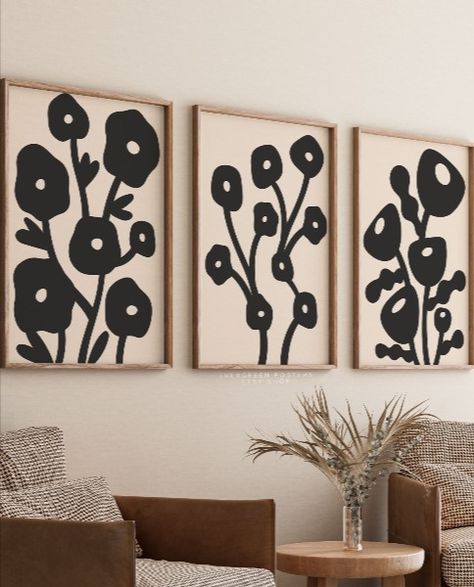 Painted Flowers With Black Outline, Black And White Abstract Flowers, Black And White Flower Poster, Black And White Flower Picture Set, Black White Floral Wall Art, Floral Wall Decor, Tropical Art, Abstract Art Prints, Black And White Abstract