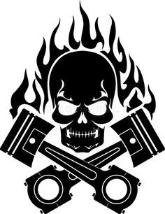 Flame Illustration, Dirt Bike Tattoo, Silhouette Skull, Piston Tattoo, Piston Skull, Metal Posters Art, Harley Tattoos, Skull Silhouette, Skull Stencil