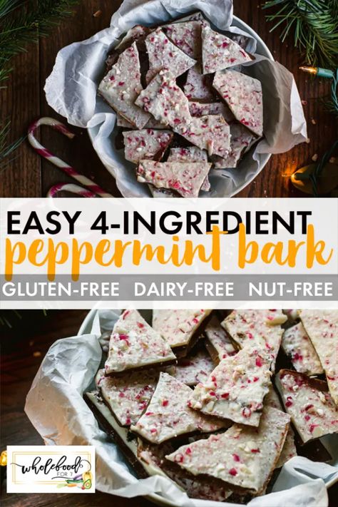 4-Ingredient Peppermint Bark - WholeFoodFor7 Vegan Peppermint Bark, Vegan Christmas Treats, Delicious Holiday Desserts, Paleo Foods, Paleo On The Go, Holiday Sweets, Food Eating, Bark Recipe, Peppermint Bark