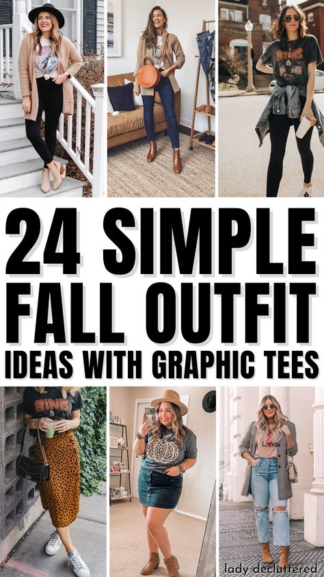 24 Simple Fall Outfit Ideas with Graphic Tees Tshirt With Flannel Outfits, T Shirt And Leggings Outfit Fall, Outfits With Graphic Tees Street Styles, Cute Tee Shirt Outfits, Pumpkin Tshirt Outfit, Graphic Tee Capsule Wardrobe, Edgy Graphic Tee Outfit, Graphic Tees Winter Outfit, Plus Size Graphic Tee Outfit Fall