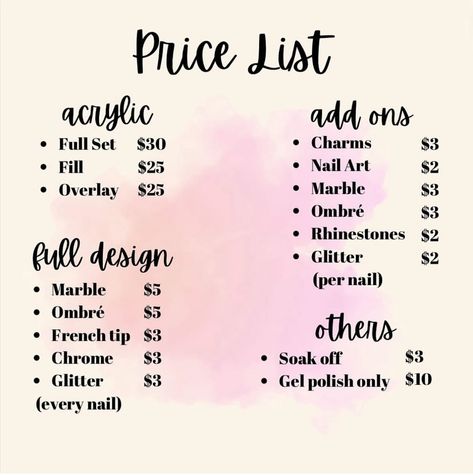 price list repost! Acrylic Nails Price List, Gel X Nail Price List, Bracelet Price List, Nail Price List Ideas Beginner, Nail Pricing List, Nail Prices List, Nails Price List Ideas, Price List For Nails, Nail Price List Ideas