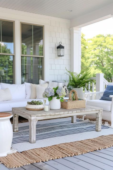 Front Porch Coffee Table, Outdoor Coffee Table Styling, Coastal Porch Ideas, Coastal Front Porch Ideas, Coastal Front Porch, Front Porch Furniture Ideas, Coastal Porch, Coastal Backyard, Small Back Porches