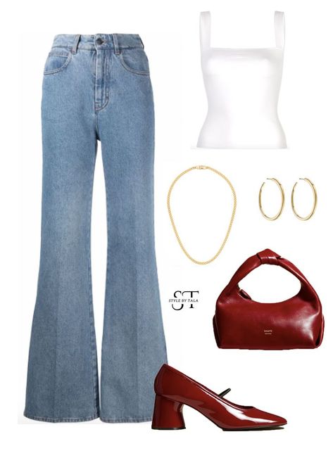 Red Top Outfit, Flare Jean Outfit, Flare Jeans Outfit, Tom Wood, Outfit Styling, Curb Chain Necklace, Paris Outfits, Ami Paris, Easy Trendy Outfits