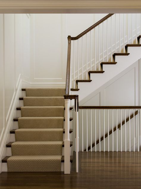 tapered round spindles, modest sized newel post - square plinth with rounded slightly tapered body, continuous rail on top Historic Home Staircase, Georgian Restoration, Loft Railing, Stair Posts, Stair Ideas, Wood Balusters, Wood Handrail, Staircase Runner, Handrail Design