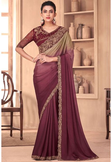 Maroon and Beige Silk Saree with Embroidered Blouse Bollywood Sarees Online, Maroon Wedding, Crepe Saree, Plain Saree, Lehenga Choli Online, Sari Blouse, Art Silk Sarees, Chiffon Saree, Fancy Sarees