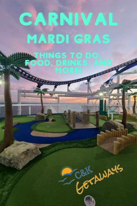 the view of the aft section of carnival mardi gras cruise ship showing a mini putt putt golf area and the bolt roller coaster at sea. The clouds are a cotton candy pink in the background because it is taken at sunrise. Cruse Ship, Cabin Activities, Dive In Movie, Carnival Cruise Tips, Ship Interior, Norwegian Escape, Carnival Vista, Carnival Cruise Ships, Mardi Gras Carnival