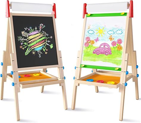 Easel for Kids with 2 Drawing Paper Roll, Learning-Toy for 3,4,5,6,7,8 Years Old Boy & Girls, Wooden Chalkboard & Magnetic Whiteboard & Painting Paper Stand, Gift & Art Supplies for Toddler Toddler Easel, Drawing Paper Roll, Kids Art Easel, Kids Easel, Magnetic Drawing Board, Magnetic Whiteboard, Magnetic Chalkboard, Paper Roll Holders, Paper Stand