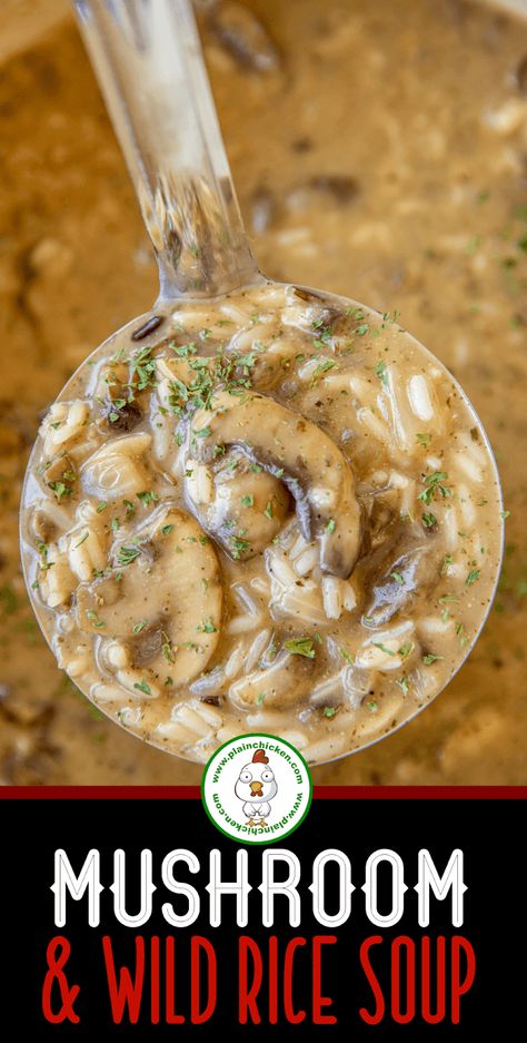 Mushroom & Wild Rice Soup - so simple and ready to eat in 20 minutes. Serve with some crusty bread and dinner is done! Onion, fresh mushrooms, chicken broth, water, sherry, cream of mushroom soup, and a box of quick-cooking long grain and wild rice. We make this at least twice a month. SO easy and delicious! #soup #mushrooms #mushroomsoup #wildrice #quickmeal Mushroom Wild Rice Soup, Long Grain And Wild Rice, Mushroom Wild Rice, Wild Rice Soup Recipes, Tomato Tortellini Soup, Mushroom Casserole, Rice Soup Recipes, Soup Appetizers, Mushroom Soup Recipes